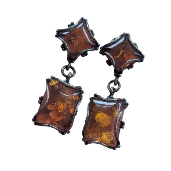 Vintage Amber Acrylic Gold Brass Metal Cocktail Dangle Earring Great Gatsby Boho - Picture 3 of 7